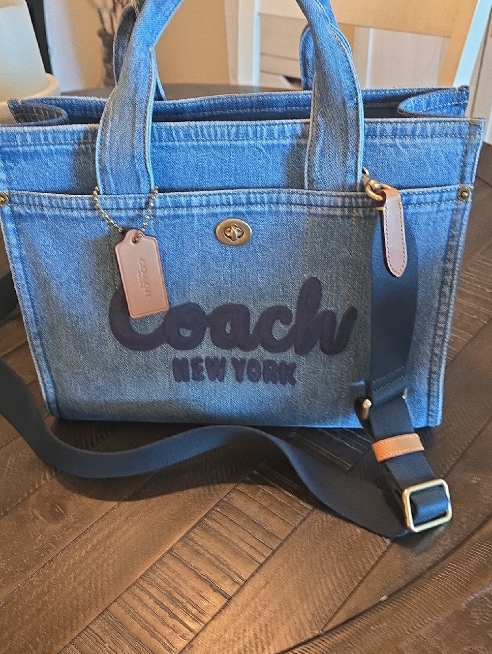 Coach Denim Tote with Navy Logo and Black Strap